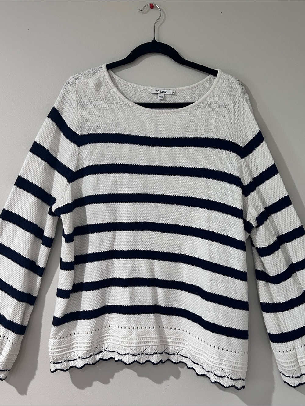 Chico's White and Navy Striped Crewneck Sweater